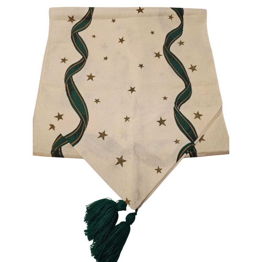 Vintage Vera Holiday Table Runner Green Ribbon Stars Tassels Cream‎